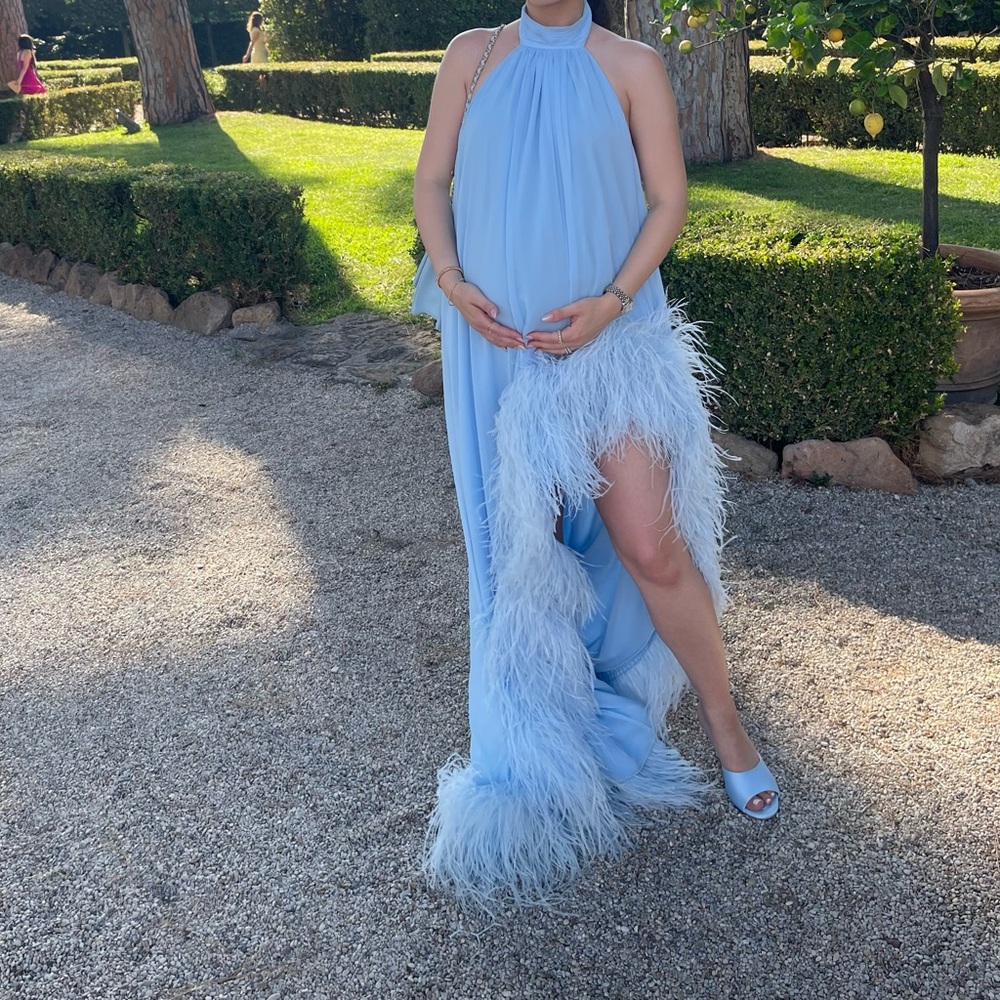 Bronx and Banco Sky Blue Halter Feather-Trim High-Low Gown - Picture 2 of 4